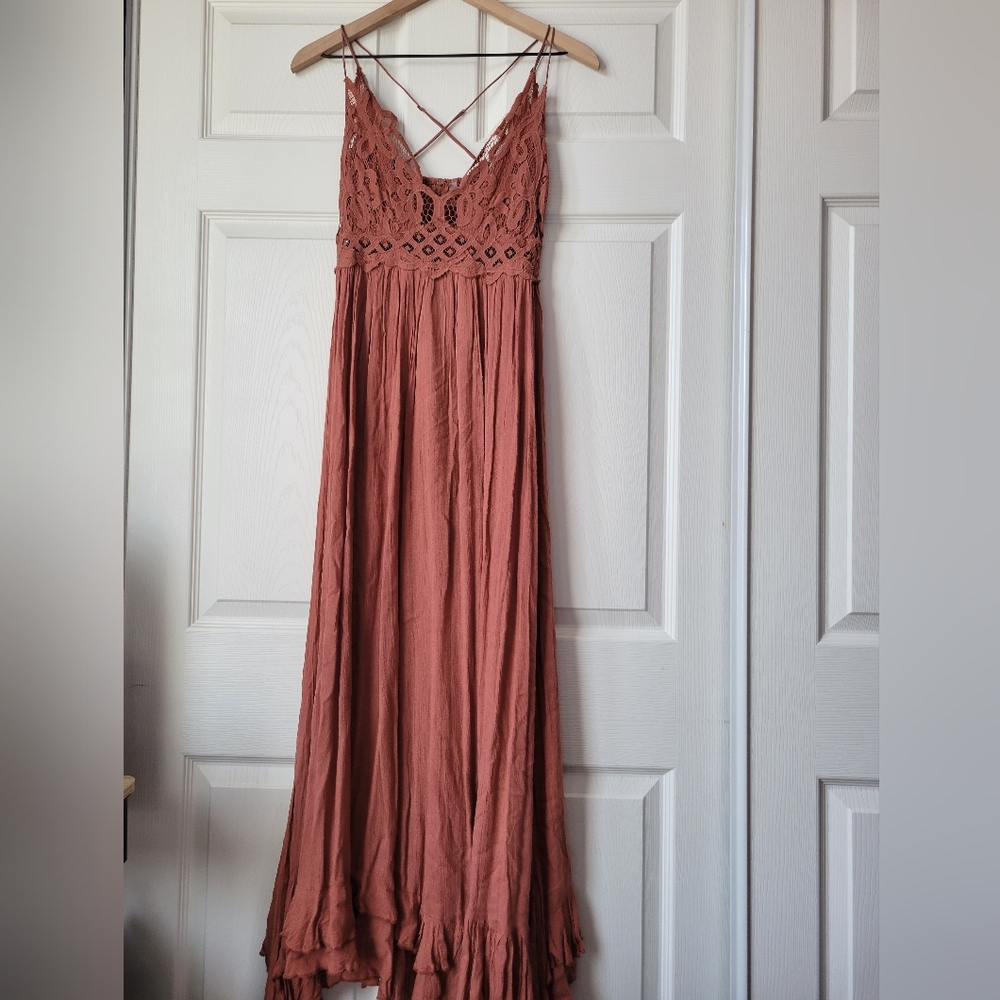 Free People FP One Adella Maxi Slip Rose Pink Crochet Lace Dress